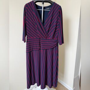 Ralph Lauren Navy and Red Striped 3/4 Sleeve Dress with Wrap Top